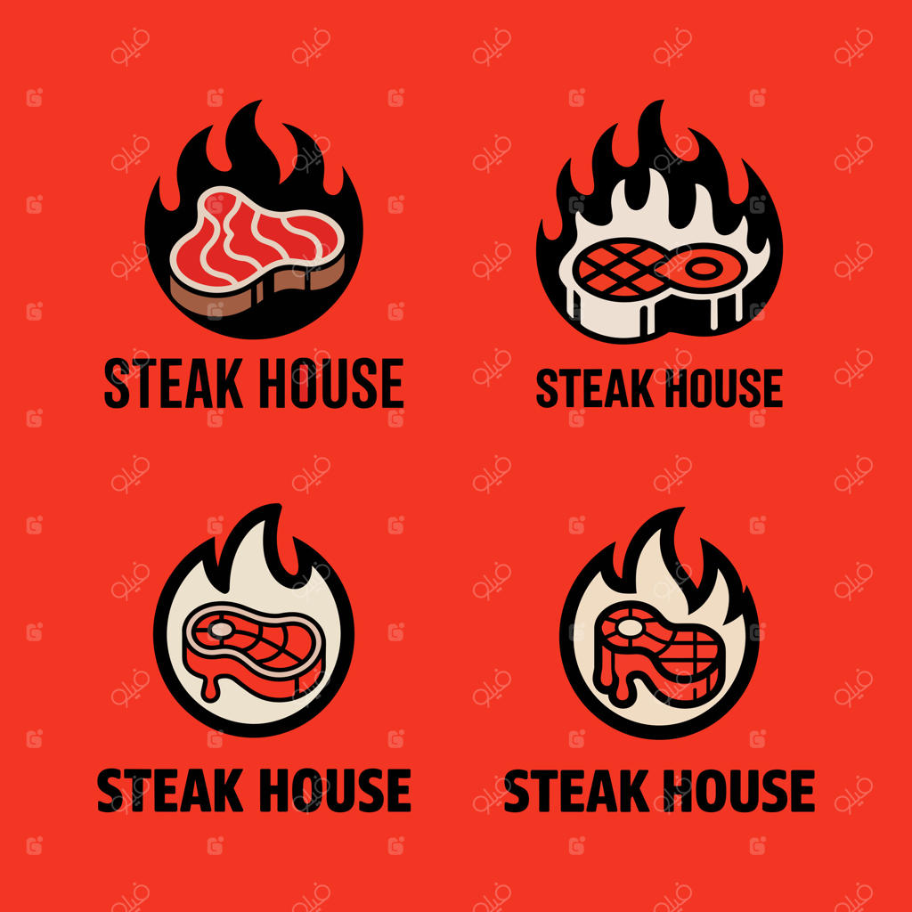 لوگوهای پرانرژی استیک هاوس با گوشت کبابی و شعله‌ها - عناصر برندینگ رستوران و باربیکیو