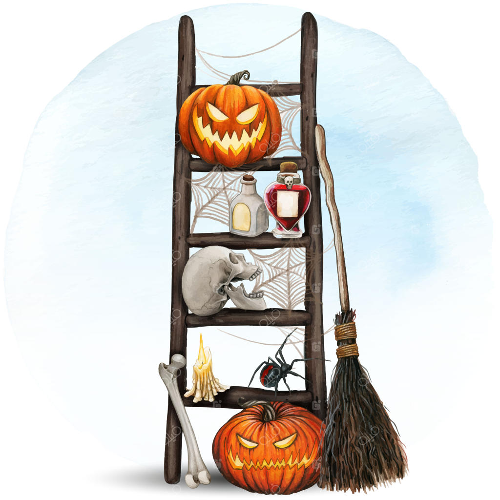 نردبان تزیین شده هالووین با فانوس‌های حکاکی شده به سبک آبرنگی