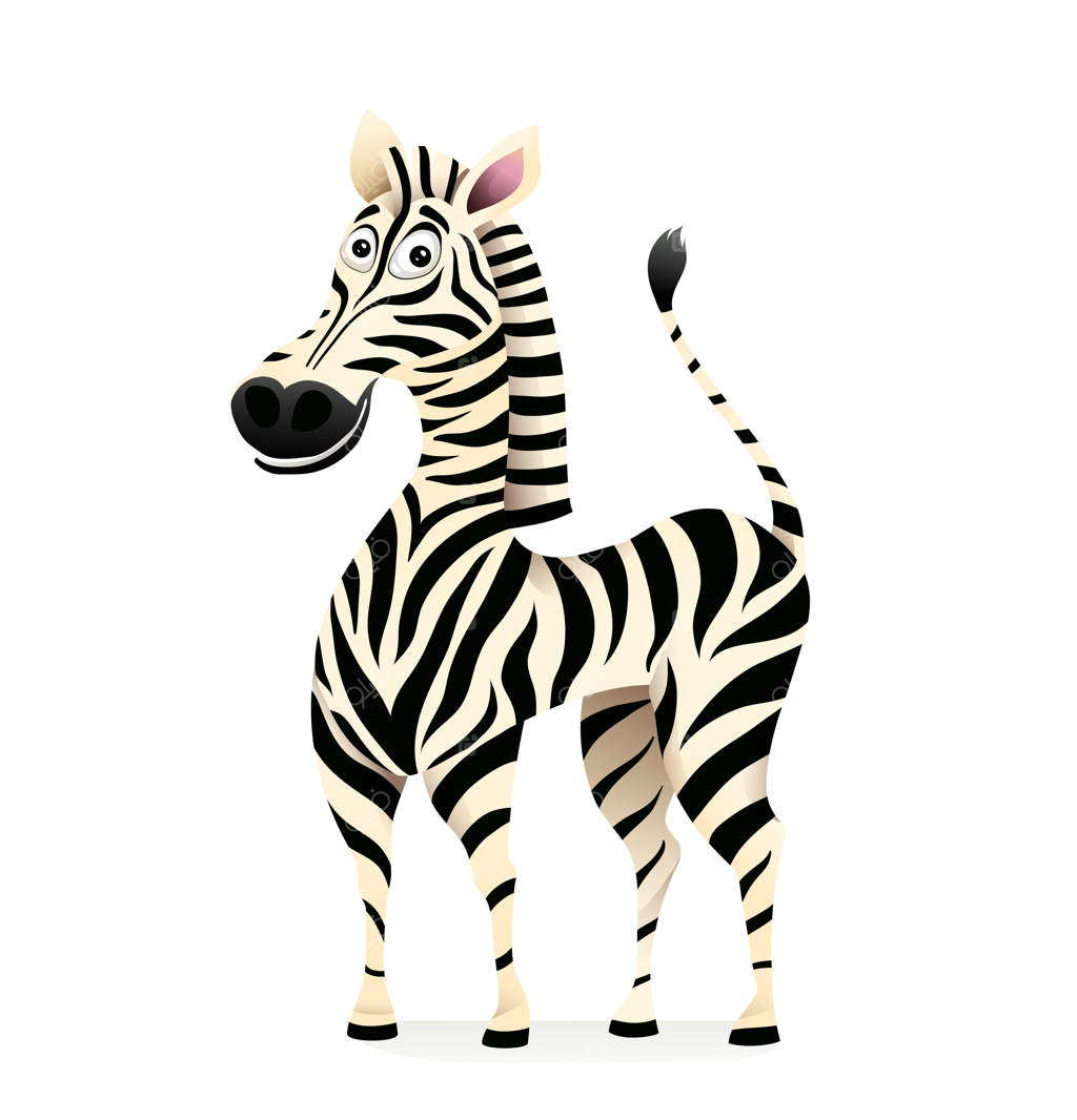 زرافه خندان سه‌بعدی در طراحی کارتونی. نماد حیوانات سافاری آفریقایی برای کودکان، گورخر شاداب با راه‌راه‌های سیاه و سفید. تصویرسازی برای کودکان.