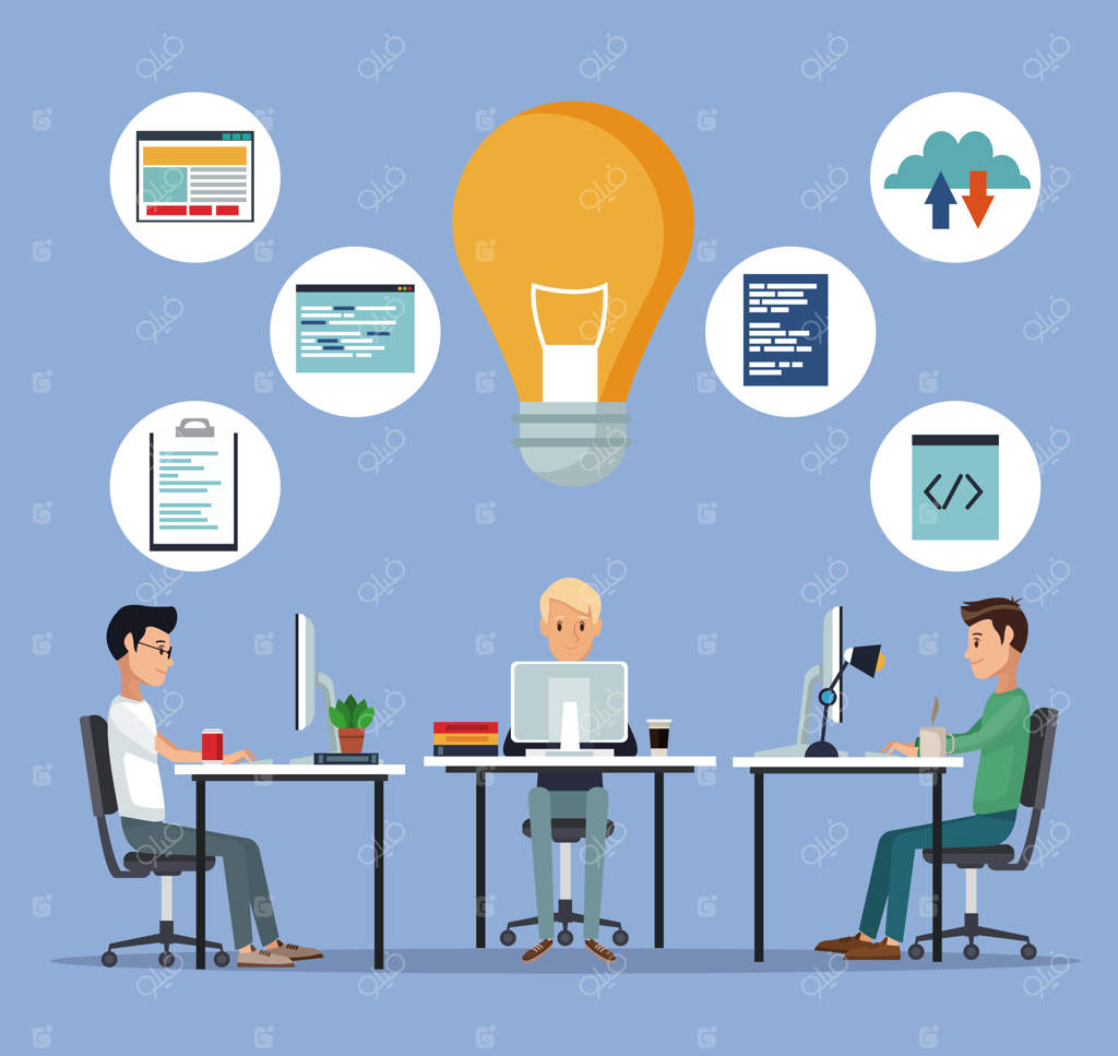 زمینه رنگی با گروهی از توسعه‌دهندگان وب در حال برنامه‌نویسی در پشت میز