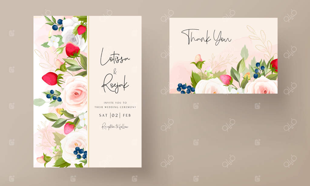 کارت دعوت عروسی با طراحی دستی گل رز و طرح توت فرنگی و بری زیبا