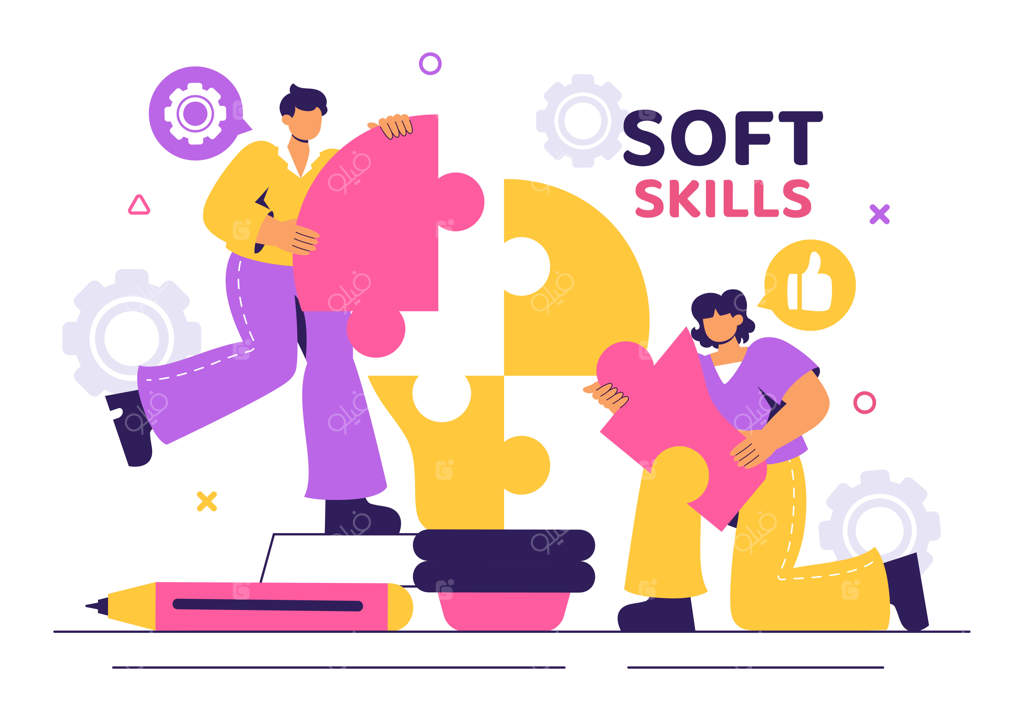 تصویرسازی وکتوری از کارمندان دفتر که مهارت‌های نرم مانند همدلی، ارتباط، توسعه ایده، کار تیمی و رشد حرفه‌ای را به نمایش می‌گذارند