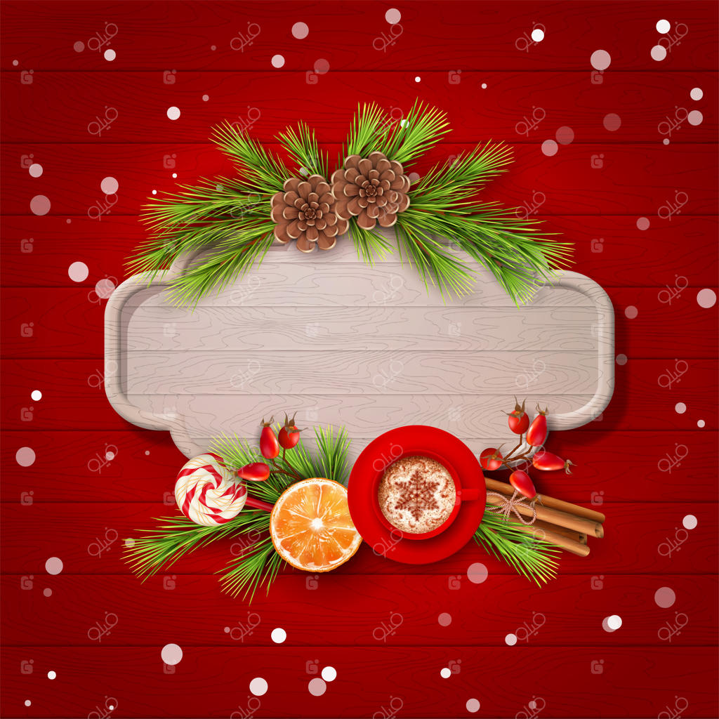 تابلوی چوبی کریسمس با شاخه‌های کاج، یک فنجان قهوه و تزئینات جشن