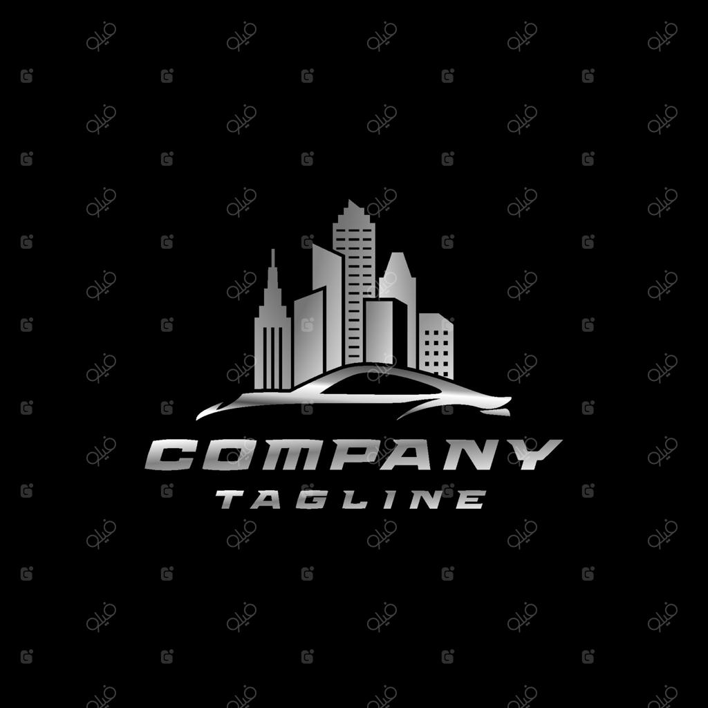 طراحی لوگوی سیلوئت ماشین شهری مدرن: طراحی لوگوی سیلوئت ماشین شیک در پس‌زمینه آسمان‌خراش‌ها.