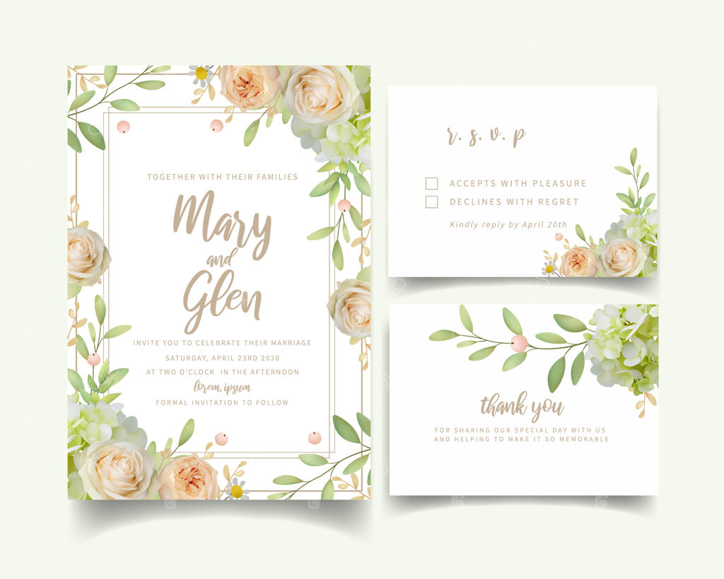 دعوت‌نامه عروسی با طرح گل رز و هیدرانژیا