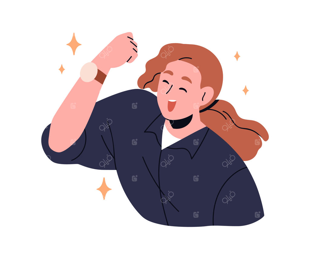 زن خوشحال و هیجان‌زده در حال جشن گرفتن موفقیت با مشت گره‌کرده؛ تصویرسازی وکتور تخت نماد پیروزی و دستاورد، جدا شده در پس‌زمینه سفید
