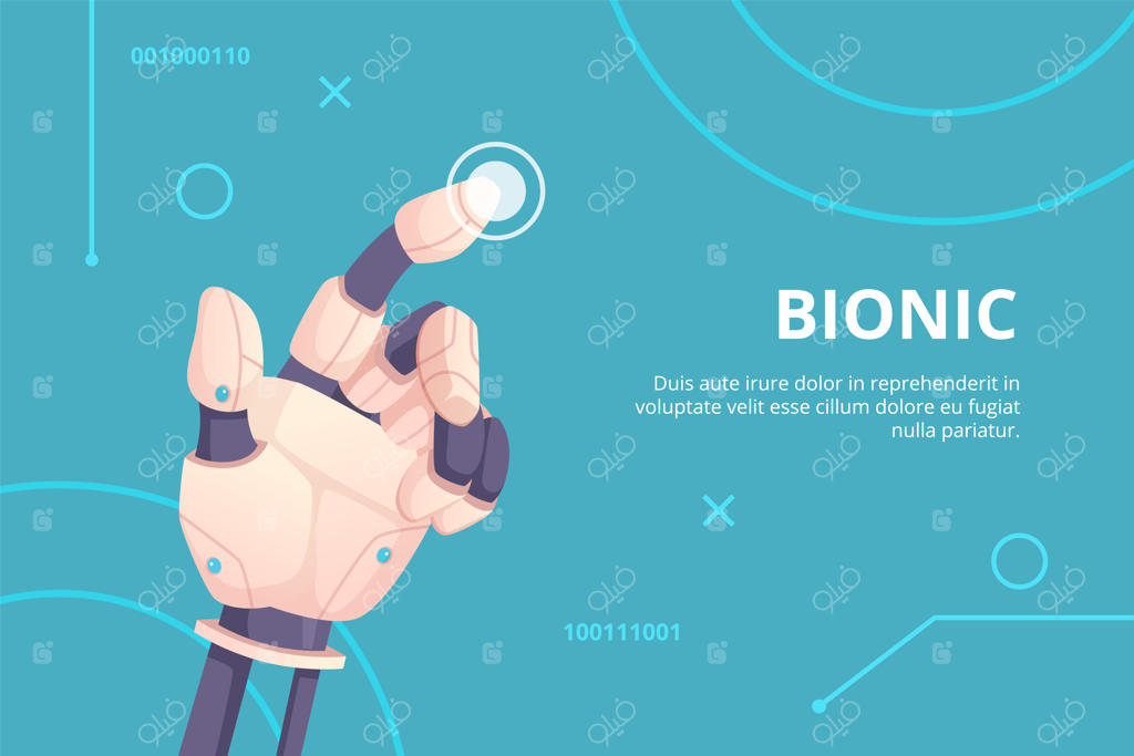 دست رباتیک در حال اشاره: ژست‌های بیونیک و دست دیجیتال در حال لمس دکمه هولوگرافیک. مفهوم آینده‌نگر. تصویرسازی وکتور. نمایش انگشت مصنوعی پروستتیک و هوش اندروید.