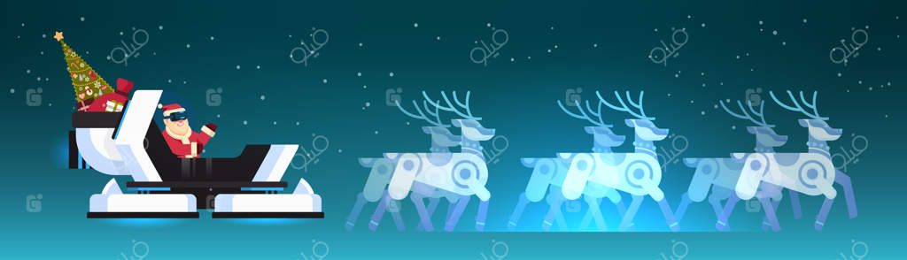 کارت تبریک: بابانوئل با عینک دیجیتال در سورتمه مدرن رباتیک و گوزن‌های واقعیت مجازی - کریسمس مبارک و سال نو پر از شادی و سلامتی!