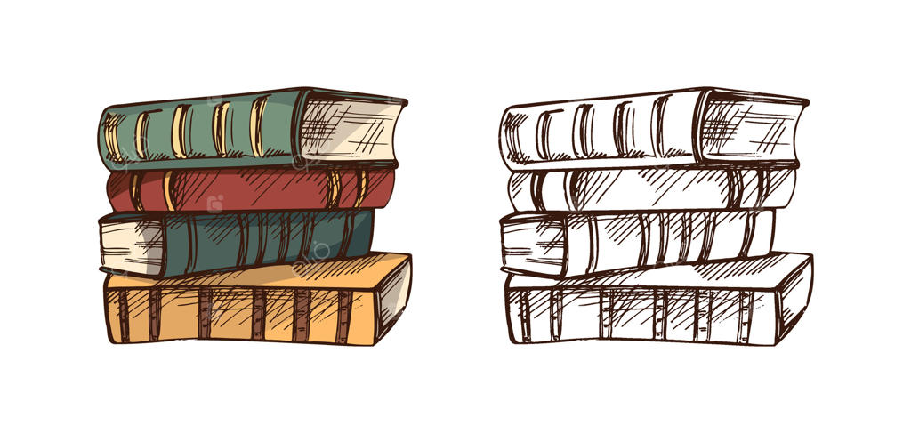 طرح قدیمی کتاب‌های روی هم چیده شده با طراحی دستی، به سبک نقاشی رنگی و تک‌رنگ، تصویر جداگانه