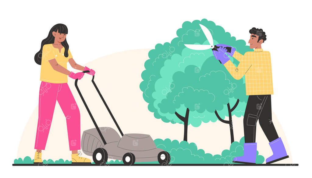 رسیدگی به باغ: زنی با ماشین چمن‌زن چمن‌ها را کوتاه می‌کند و مردی با قیچی باغبانی بوته‌ها را هرس می‌کند.