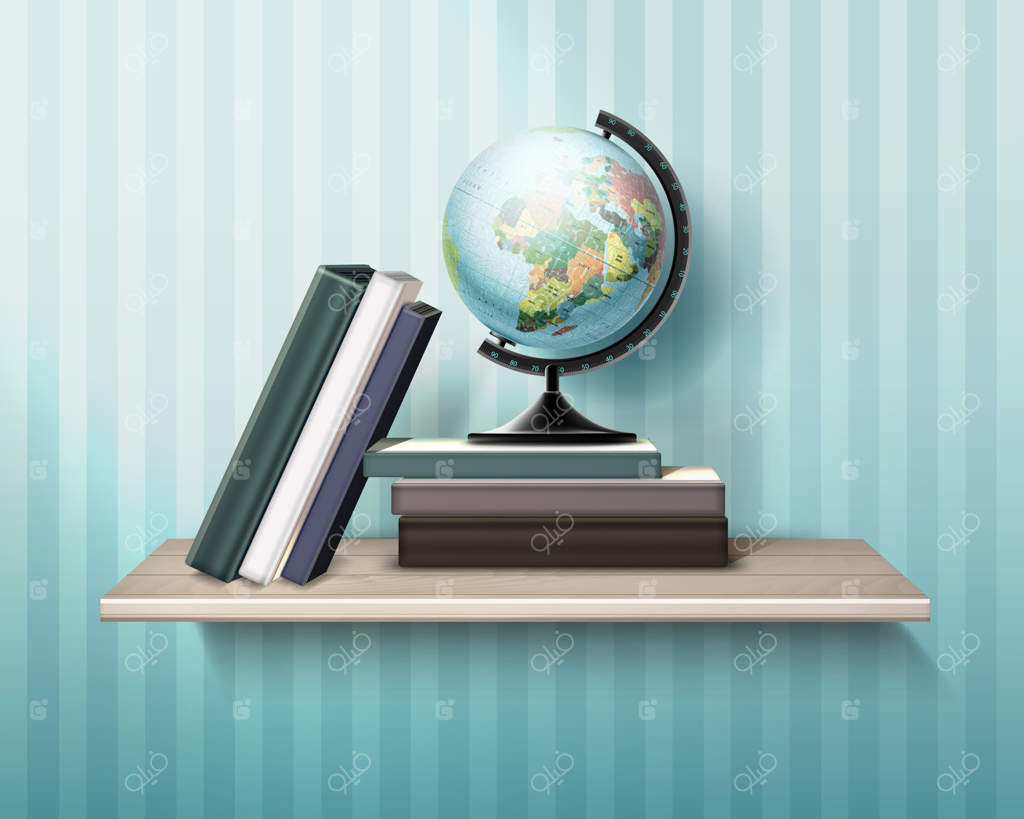 تصویر قفسه چوبی واقعی با کتاب‌ها و کره جغرافیایی بر روی دیوار