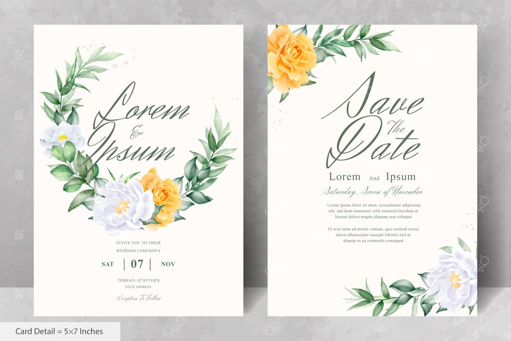 ست دعوت‌نامه عروسی زیبا با طراحی آبرنگی گل‌های صدتومانی و برگ‌ها