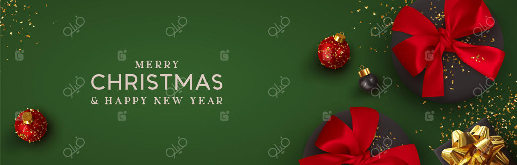 بنر کریسمس: طراحی پس‌زمینه باکس کادویی مشکی واقعی با روبان قرمز، تزیینات سه‌بعدی و اکلیل طلایی. پوستر افقی کریسمس، کارت تبریک، سرصفحه وب‌سایت