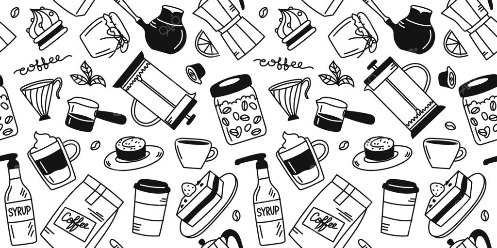 پترن بی‌وقفه و پیوسته قهوه، نوشیدنی، دانه و دسر. تصویر خطی دست‌کشیده و مجزا