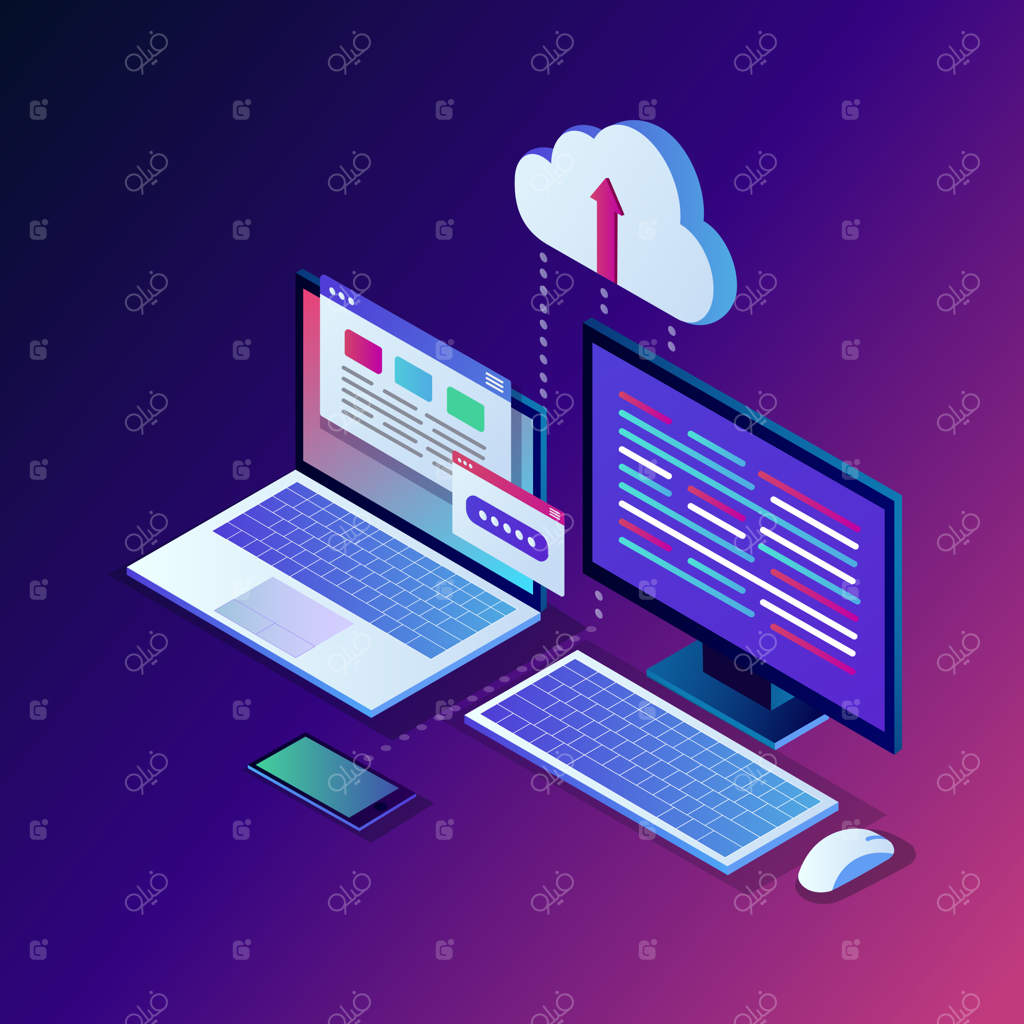 فناوری ذخیره‌سازی ابری: پشتیبان‌گیری از داده‌ها با لپ‌تاپ و کامپیوتر در نمای سه‌بعدی ایزومتریک