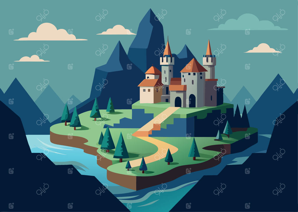 قلعه فانتزی برج‌دار، دژ جادویی قرون وسطایی، معماری پادشاهی افسانه‌ای، قصر کوهستانی، منظره کارتونی زیبا، خانه سلطنتی