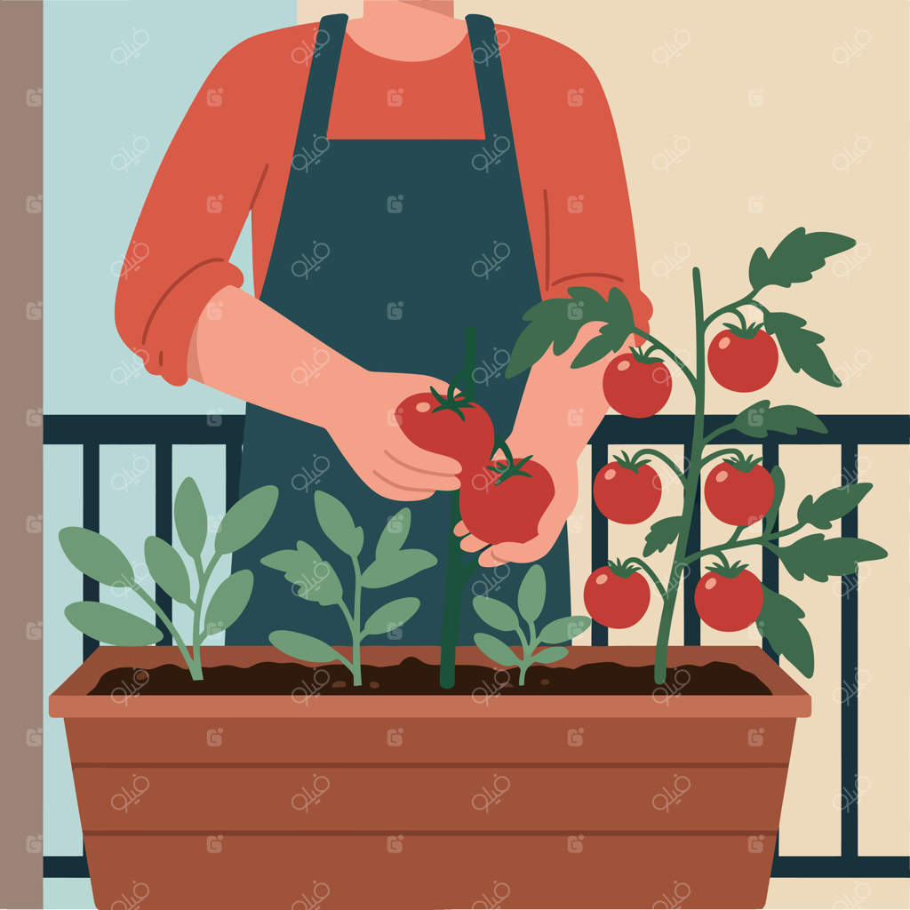 برداشت گوجه‌فرنگی‌های رسیده قرمز در باغچه شهری بالکنی با برگ‌های سبز