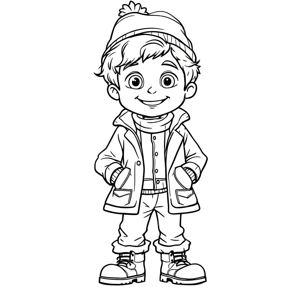 پسر جذاب زمستانی با کلاه و کت گرم برای رنگ‌آمیزی سرگرم‌کننده