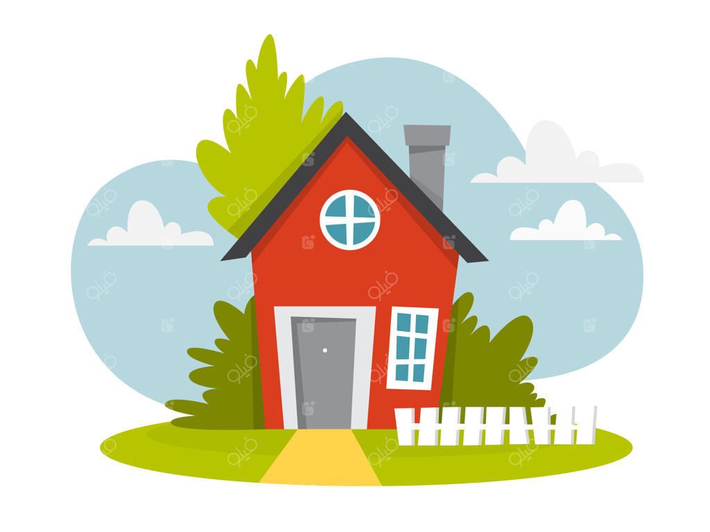 خانه‌ای قرمز با سقف تیره و درختانی در اطراف
