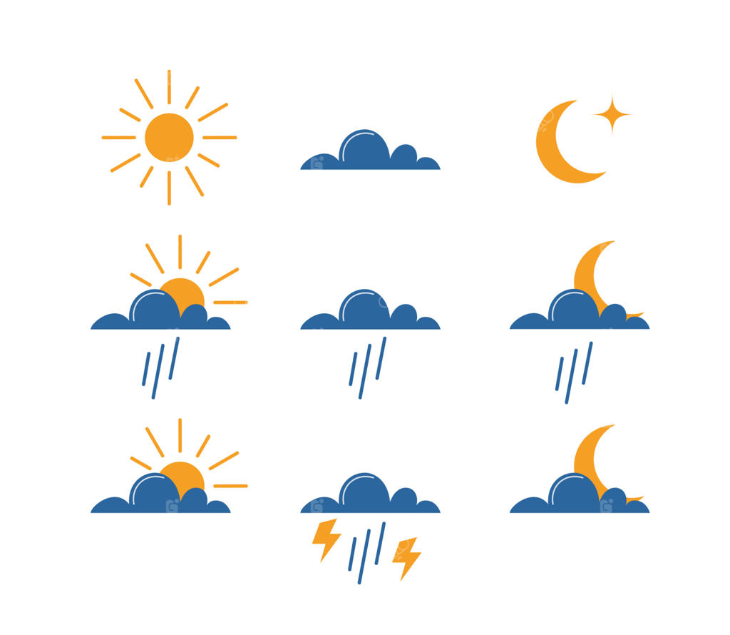 مجموعه آیکون‌های آب و هوا با سبک تخت، ساده و بامزه برای پیش‌بینی وضع هوا؛ شامل نمادهای خورشید، ابر، ماه، باران و رعد و برق - تصویر وکتور
