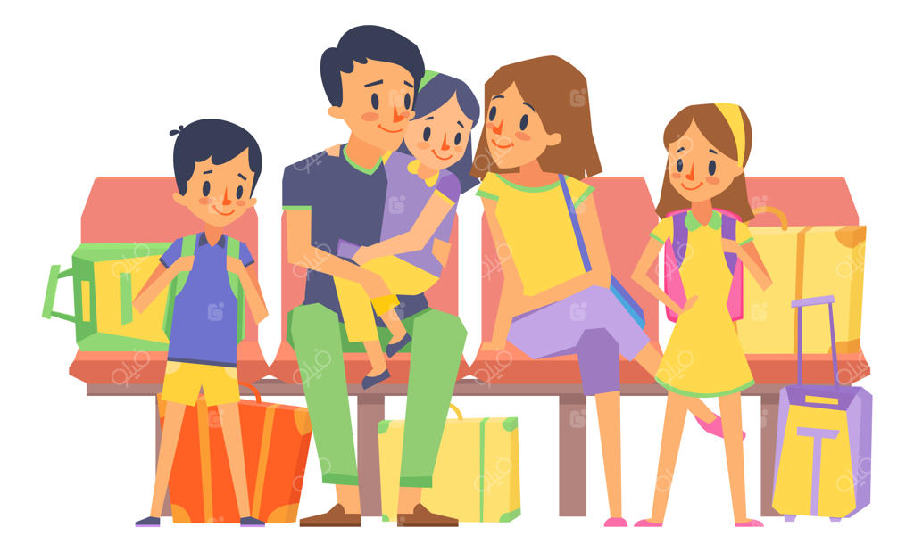 والدین و کودکان با کیف‌ها روی صندلی‌های قرمز: سفر خانوادگی