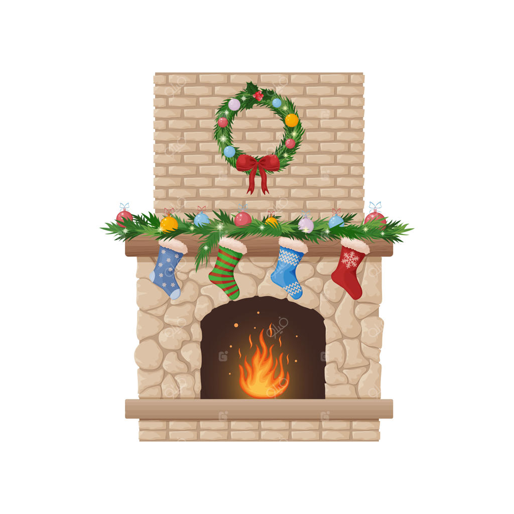 شومینه کریسمس با تاج گل و جوراب‌های هدیه، شومینه‌ای با آتش و عشق کریسمسی