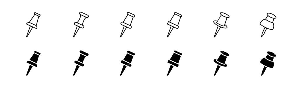 مجموعه آیکون‌های پونز. طرح خطی و توپر پونز. آیکون سنجاق دفتر