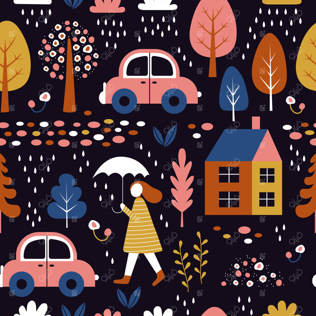 منظره شهری پاییزی با زنی زیر چتر، خانه‌ها و ماشین‌ها