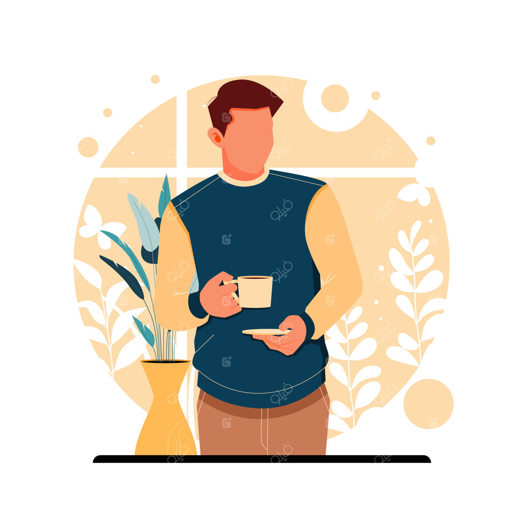 پرتره مردی که یک فنجان قهوه در دست دارد, ساده و بی‌تکلف.