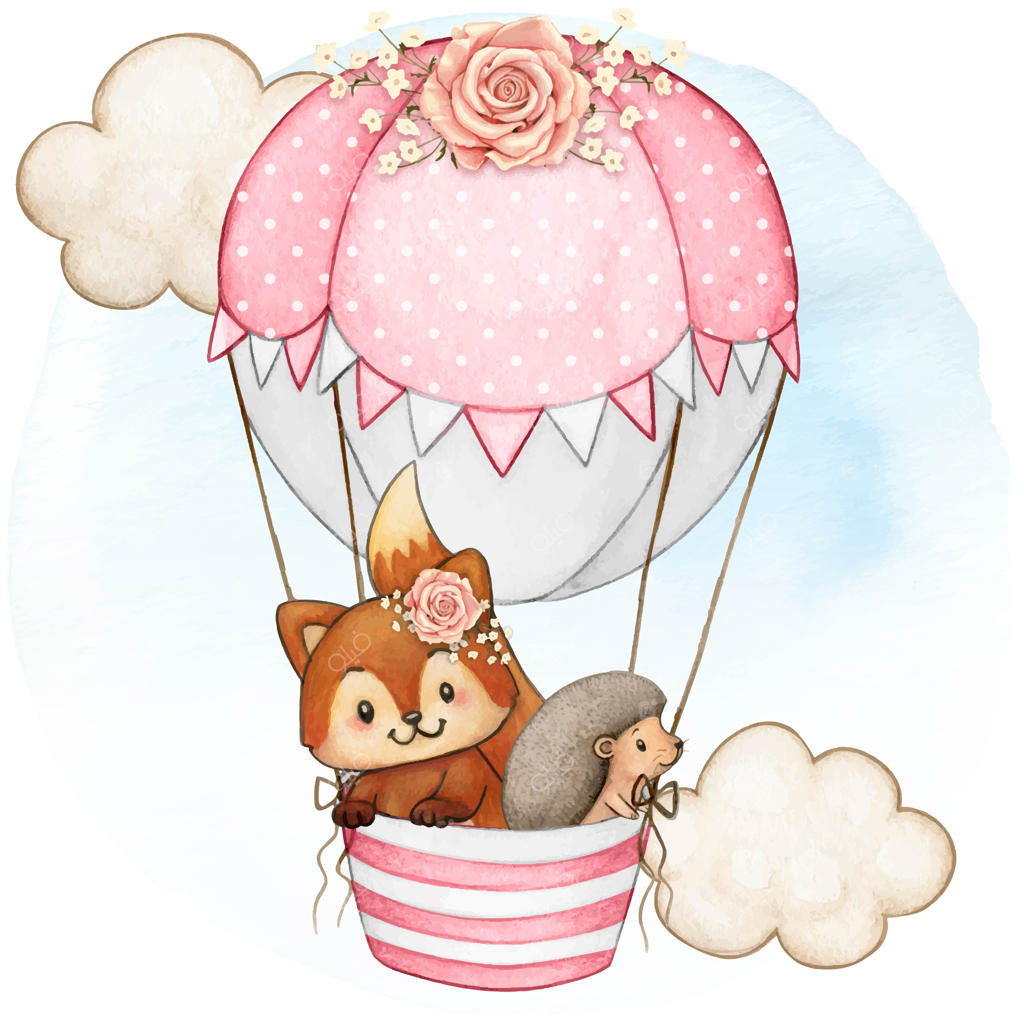 دوش نوزاد با تم آبرنگ، بالن هوای گرم با روباه و جوجه‌تیغی