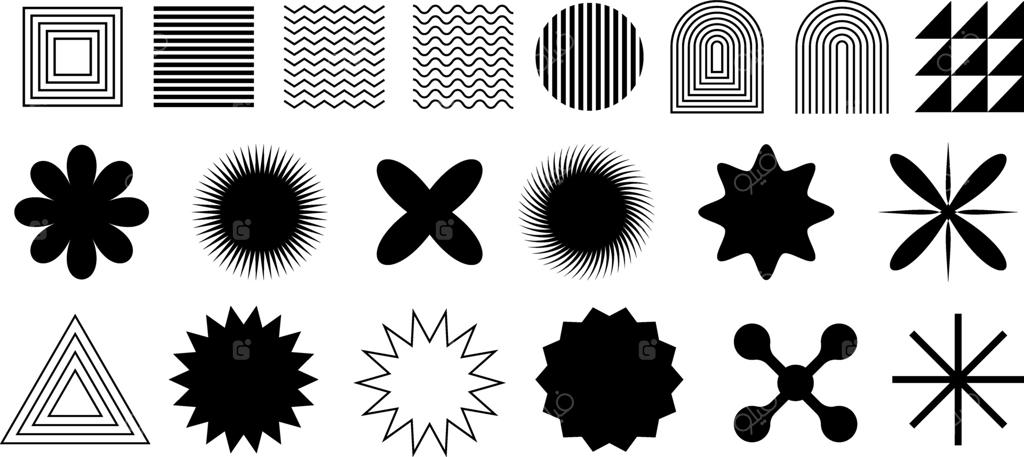 مجموعه‌ای از اشکال انتزاعی Y2K: ستاره‌ها و شکل‌های هندسی به سبک رترو. قالب‌هایی برای لوگوها، نشان‌ها، یادداشت‌ها، پوسترها، بنرها، برچسب‌ها و کارت‌های ویزیت.