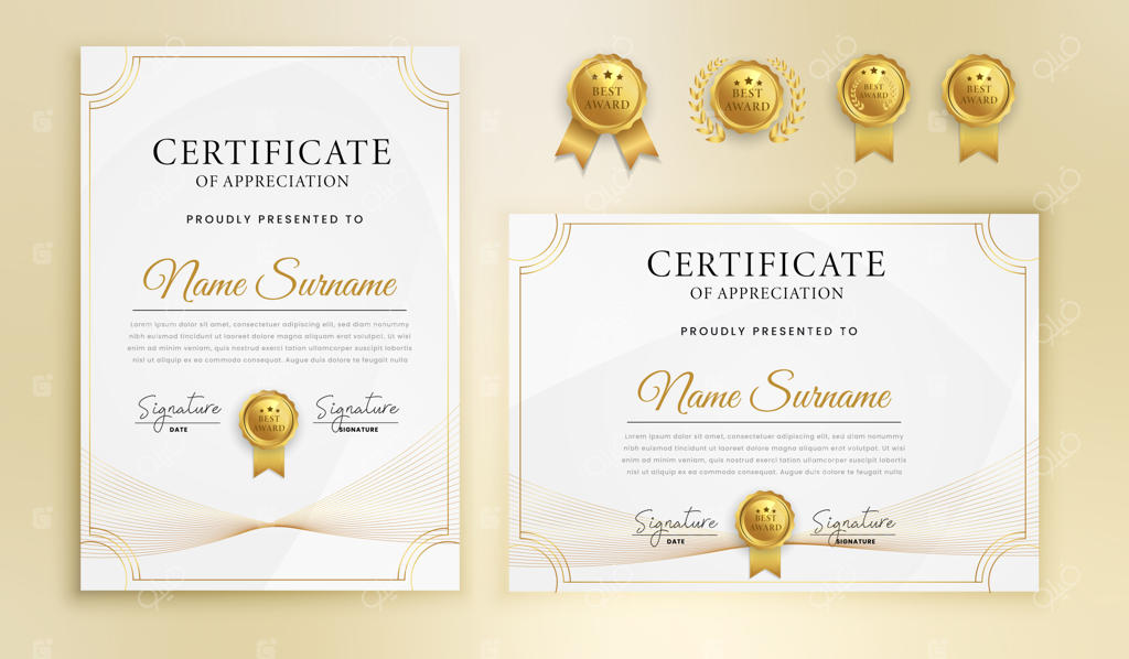 گواهینامه مدرن با خطوط موج‌دار و نشان‌ها به رنگ طلایی