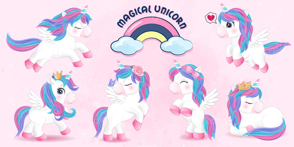 مجموعه نقاشی‌های بامزه اسب تک‌شاخ با آبرنگ