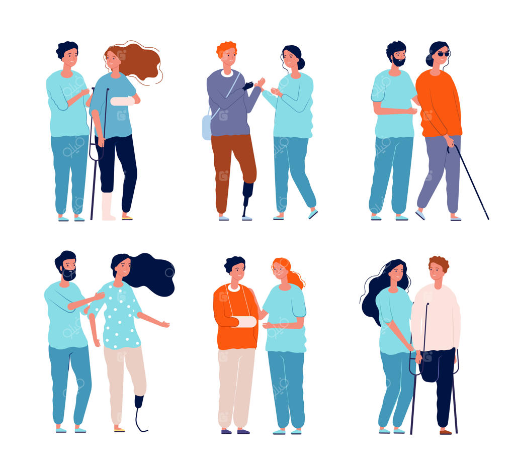 افراد توان‌خواه با دستیاران: شخصیت‌های زن و مرد بر روی صندلی چرخدار و عصاها