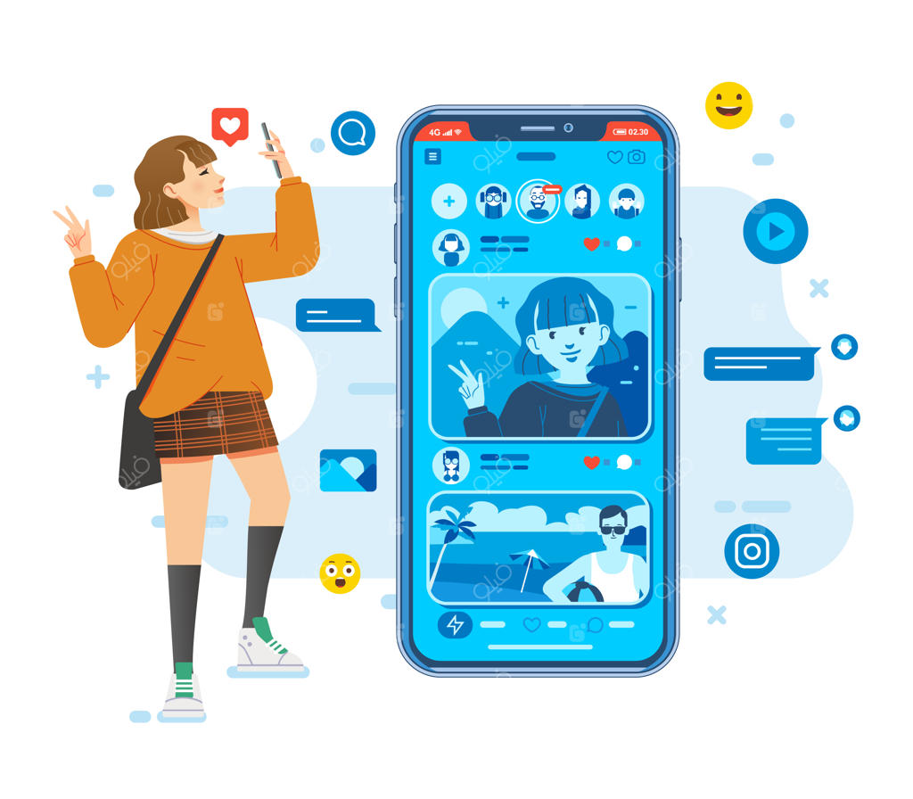 اپلیکیشن سلفی شبکه‌های اجتماعی: تصویرگری از زنان جوانی که سلفی می‌گیرند و در شبکه‌های اجتماعی منتشر می‌کنند