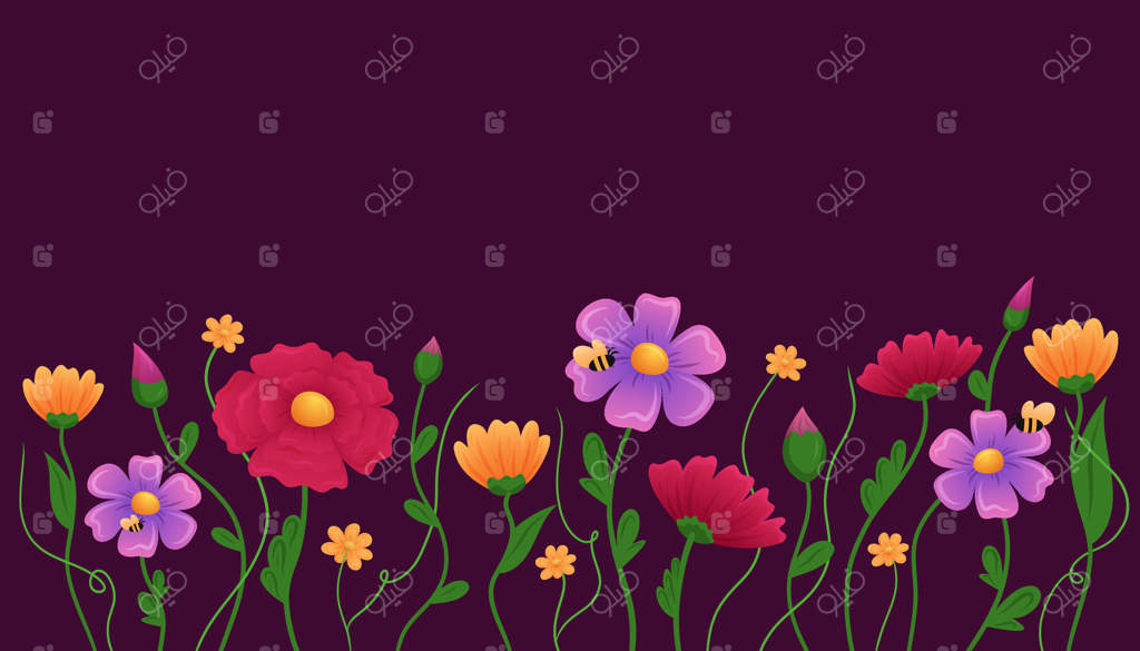 گل‌های وحشی رنگارنگ در باغی پرجنب و جوش با زنبورها، زیر آسمان بنفش