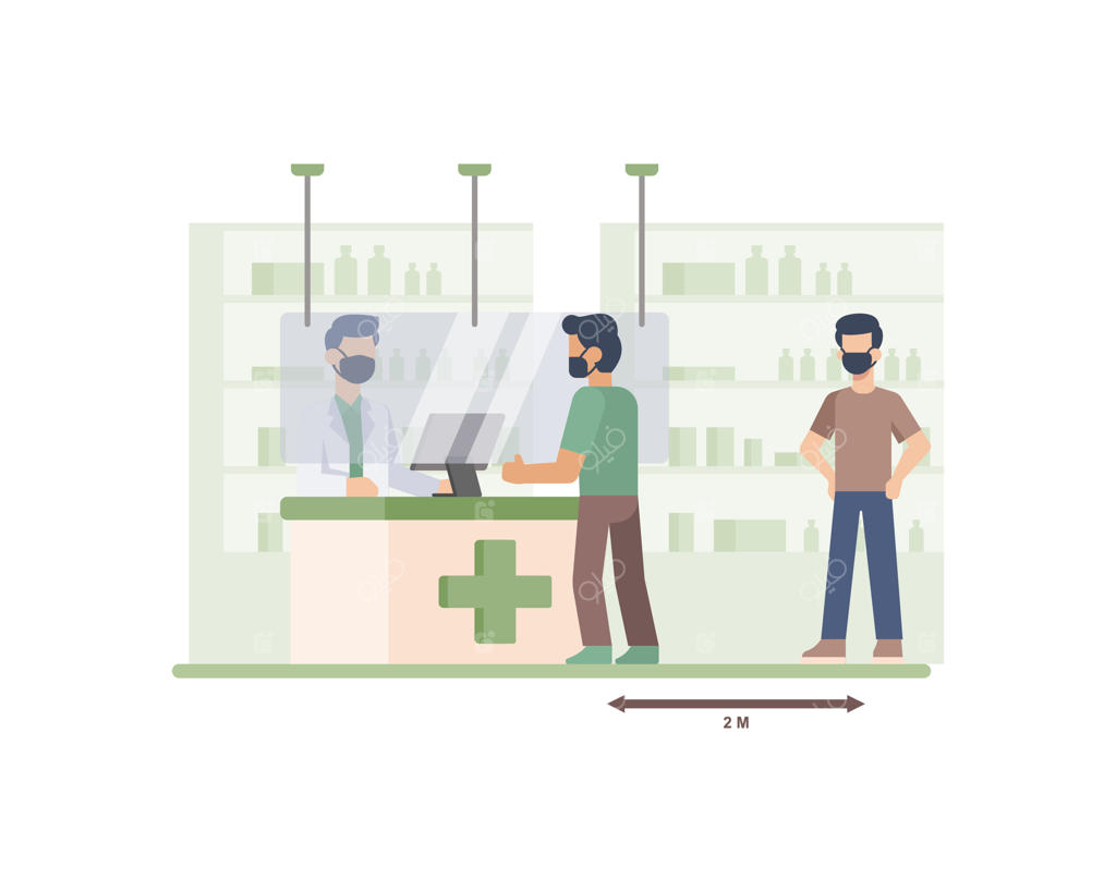 مشتریان داروخانه در حال رعایت فاصله‌گذاری اجتماعی در صف صندوق - تصویرسازی