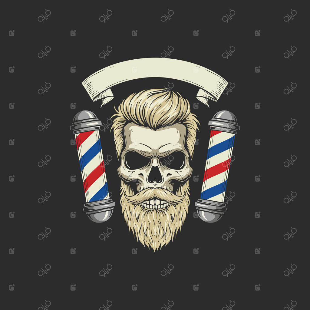 لوگوی کلاسیک آرایشگاه با جمجمه‌ای با ریش و مویی شیک در کنار دو میله آرایشگری.