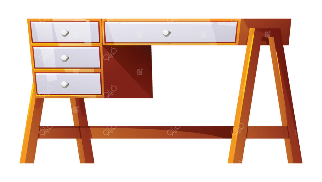 میز چوبی با چندین کشوی سفید، میز کار یا مطالعه بر زمینه‌ای سفید. تصویر کارتونی