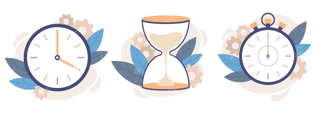 ساعت دیواری، ساعت شنی و کرنومتر: مجموعه‌ای از ساعت‌های عقربه‌ای، تایمر شمارش معکوس و مدیریت زمان در قالب تصویرسازی وکتور