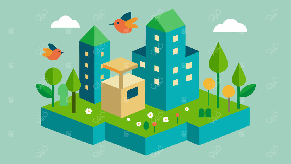 ادغام حیات‌وحش شهری: بلوکی از شهر با باغ‌های عمودی، لانه‌های پرنده و گیاهان دوستدار گرده‌افشان که تنوع زیستی را ترویج می‌دهند و فضاهای سبز در دسترس را فراهم می‌کنند.