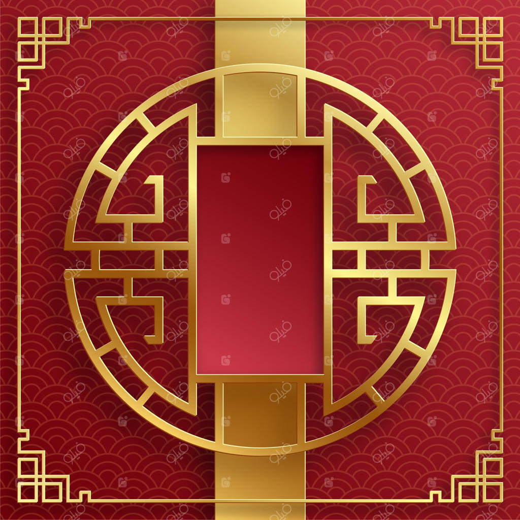 قاب چینی با عناصر آسیایی شرقی بر روی زمینه رنگی، مناسب برای کارت دعوت عروسی، سال نو مبارک، تولدت مبارک، روز ولنتاین، کارت‌های تبریک، پوستر یا بنر وب