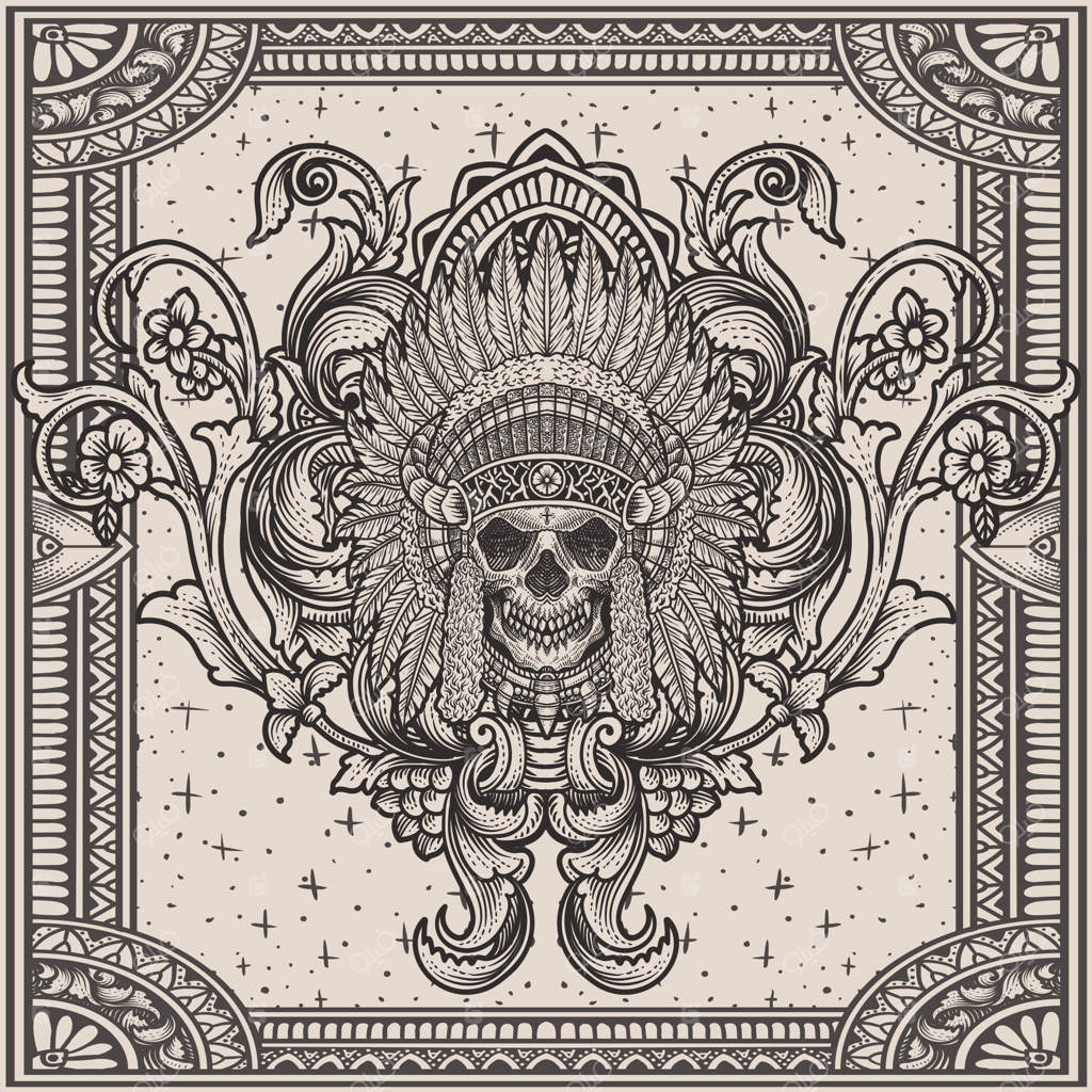 نقش جمجمه آپاچی‌های هندی با تزئینات حکاکی کلاسیک