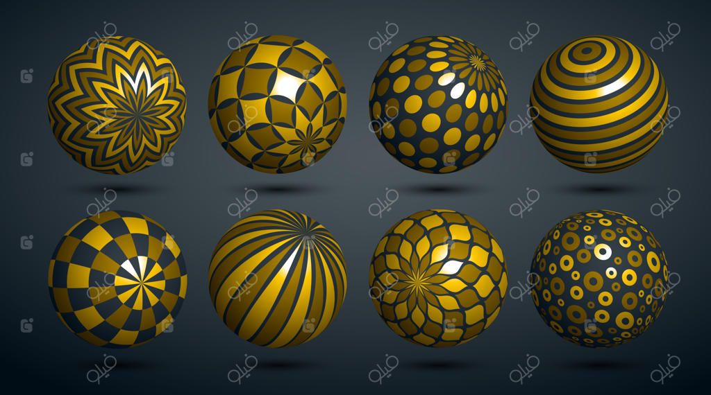 مجموعه وکتور کره‌های طلایی انتزاعی، کلکسیون توپ‌های تزیین‌شده با الگوها، مجموعه‌ای از گوی‌های سه‌بعدی متنوع و واقعی با تزئینات.
