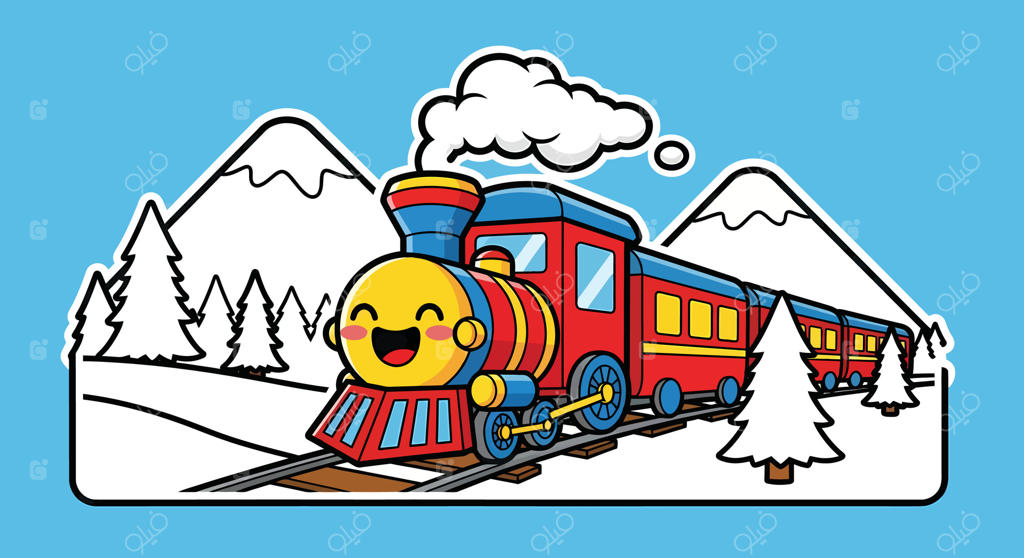 قطار کارتونی بامزه، لوکوموتیو شاد، منظره کوهستانی