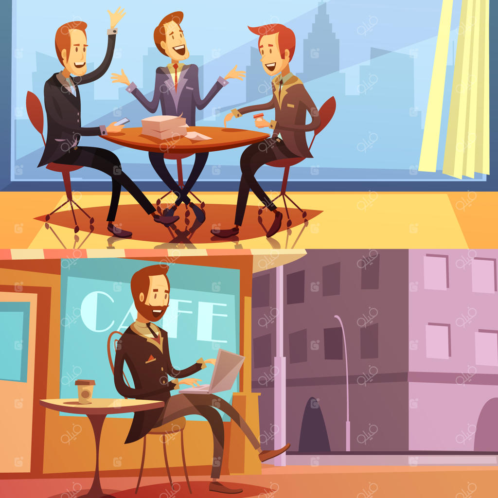 مجموعه پس‌زمینه کارتونی بازرگان شامل نمادهای جلسه و کار - تصویرسازی وکتور مجزا