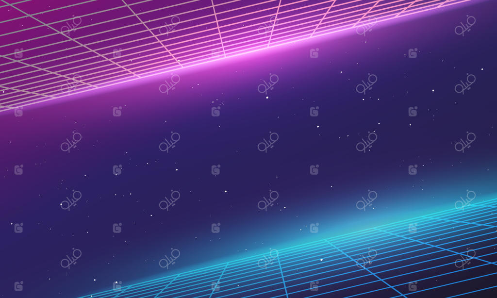پس‌زمینه کهکشانی با شبکه‌های سه‌بعدی و نورهای نئونی درخشان به سبک بازی‌های ویدیویی و فیلم‌های علمی-تخیلی