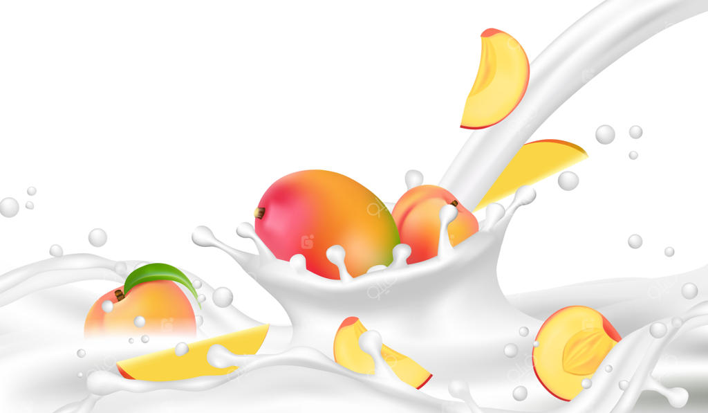 جریان واقع‌گرایانه شیر یا ماست با پس‌زمینه هلو و انبه