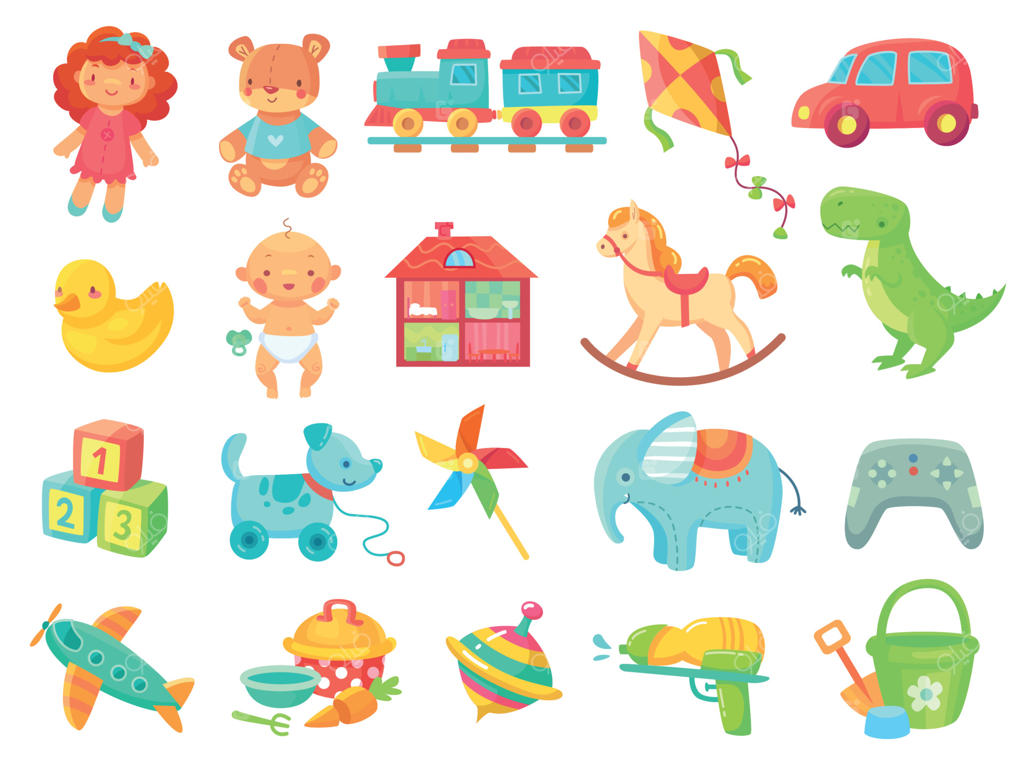 مجموعه وکتوری: عروسک دختر خرسی بامزه، ماشین اسباب‌بازی، اسباب‌بازی‌های رنگارنگ پلاستیکی