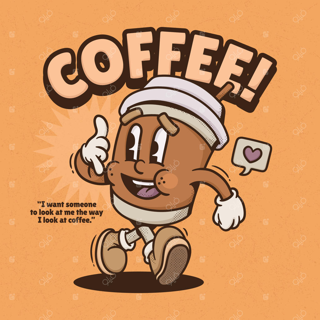 شخصیت کارتونی فنجان قهوه بامزه با گام‌های مطمئن راه می‌رود